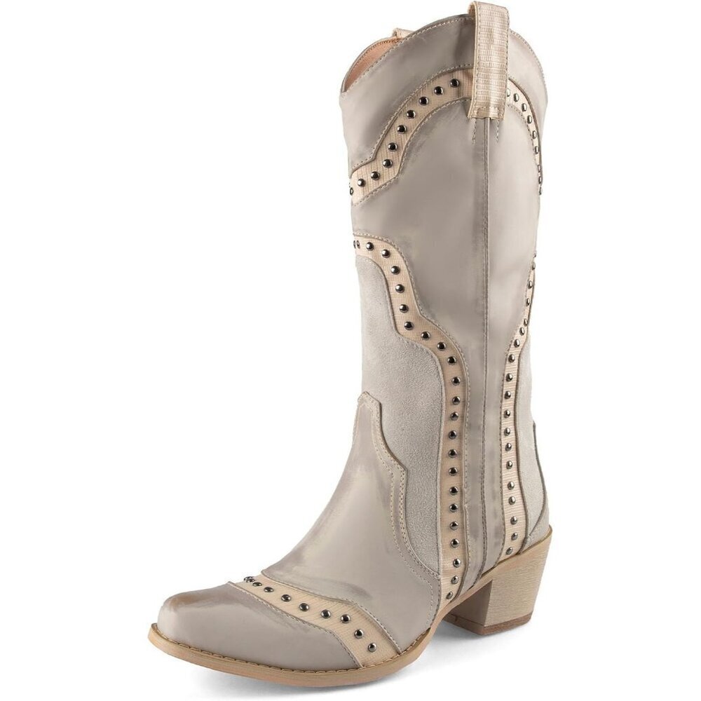 Unisex White Cowboot Pointed Toe Pull On Mid Calf Fashion Dress Boots